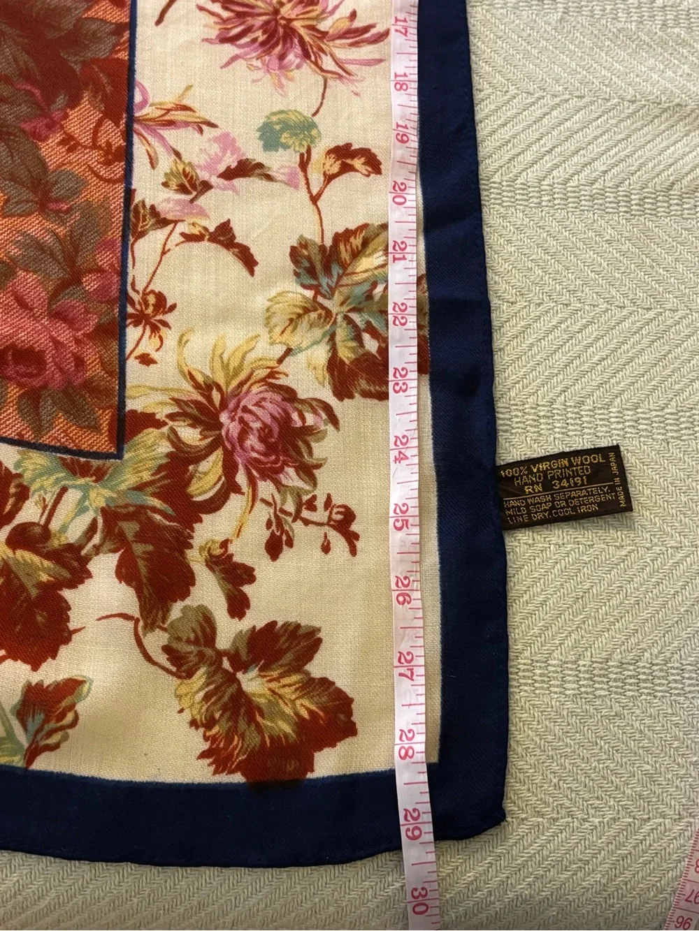 Vintage 100% virgin wool hand printed scarf made in Japan RN 34191 mid century.